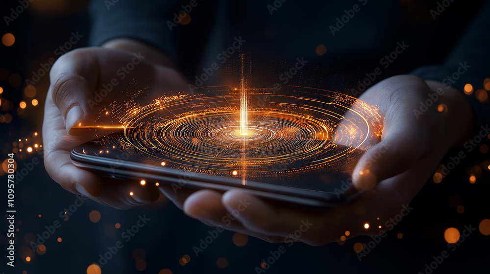 Poster person holding smartphone with glowing digital effects and data visualization