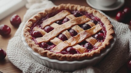 Delicious homemade cherry pie in a white ceramic dish, on a wooden table with knit fabric, and fresh cherries.