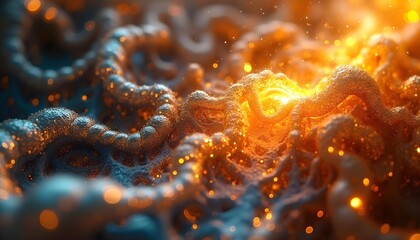 Complex and abstract patterns, rotating and intricate shapes, and orange, blue, and gold lines.