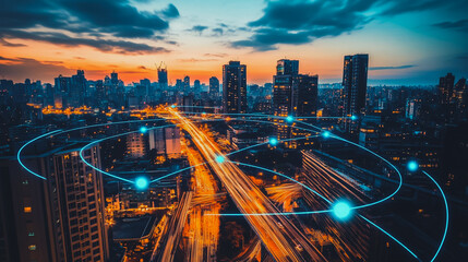 Obraz premium Smart digital city with connection Innovation network reciprocity over the sunset cityscape Concept of future wireless digital city and social media networking systems that connects business people