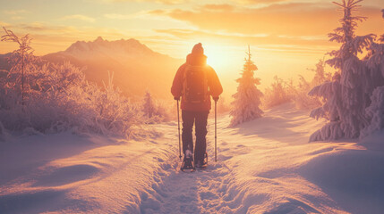 Fototapeta premium person snowshoeing through breathtaking winter landscape at sunset, surrounded by snow covered trees and mountains. warm glow of sun creates serene atmosphere