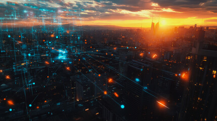 Fototapeta premium Smart digital city with connection Innovation network reciprocity over the sunset cityscape Concept of future wireless digital city and social media networking systems that connects business people