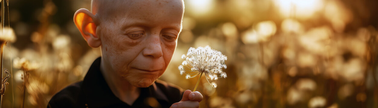Person with progeria in a serene field holding a flower, symbolizing resilience and hope