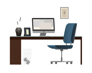 The home, business interior design, brown working table, retro office seat; computer; picture frame and decoration