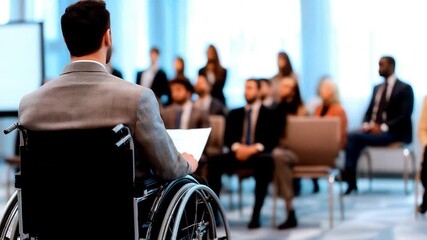 Young businessman in a wheelchair giving a lecture. Concept of inclusion and support for people with disabilities
