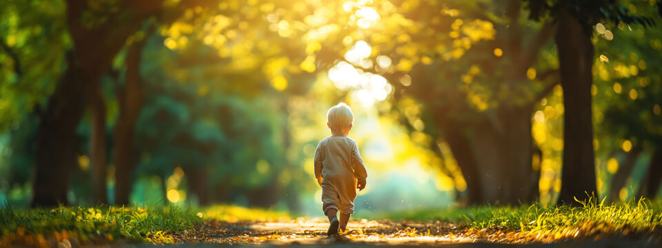 Progeria-affected child walking in a serene park during golden hour with emotional inspiration