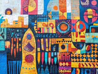 Obraz premium Vibrant mural featuring abstract shapes and cultural symbols, celebrating diversity and creativity. colorful design showcases blend of geometric patterns and artistic expression