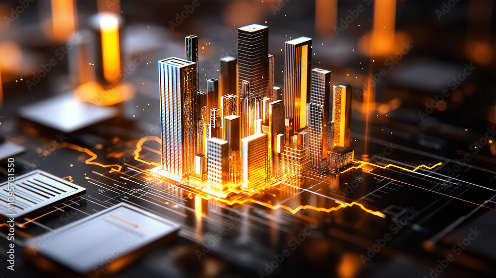 Aufkleber futuristic cityscape with glowing skyscrapers and circuit patterns