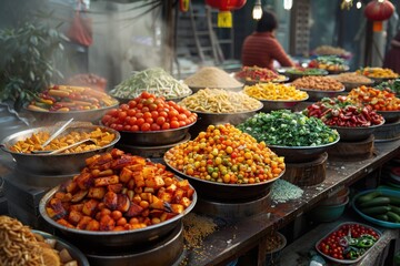 Obraz premium Bowls of food are on a table in a market, food background