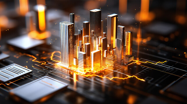 futuristic cityscape with glowing skyscrapers and circuit patterns