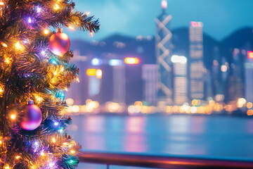 Fototapeta premium vibrant Christmas tree adorned with colorful ornaments stands in foreground, while stunning skyline with twinkling lights and modern buildings creates festive atmosphere