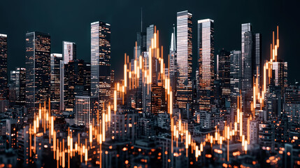 Investing in stock market is visually represented by vibrant city skyline with glowing financial graphs. dynamic lights reflect economic growth and opportunity