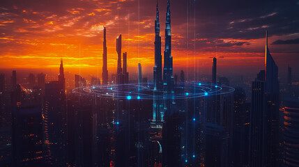 Smart digital city with connection Innovation network reciprocity over the sunset cityscape Concept of future  wireless digital city and social media networking systems that connects business people