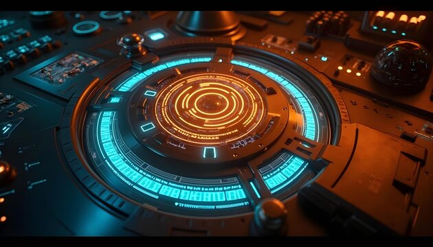 High tech radar or scanner displays with a futuristic feel, featuring concentric circular patterns and glowing blue lines,