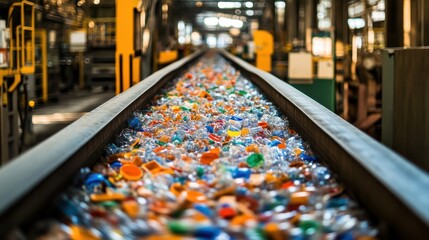 Recycled plastic bottles on conveyor belt. Illustrates plastic recycling process in factory; ideal for environmental, sustainability themes.