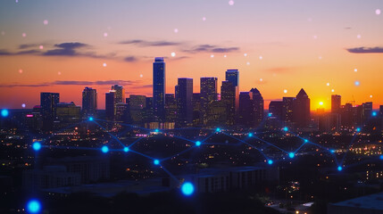 Obraz premium Smart digital city with connection Innovation network reciprocity over the sunset cityscape Concept of future wireless digital city and social media networking systems that connects business people