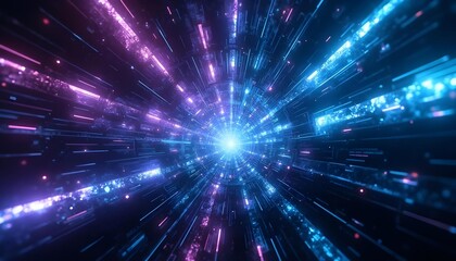 Fototapeta premium Neon blue and purple geometric shapes and lines, a vibrant and abstract cyberpunk style background,