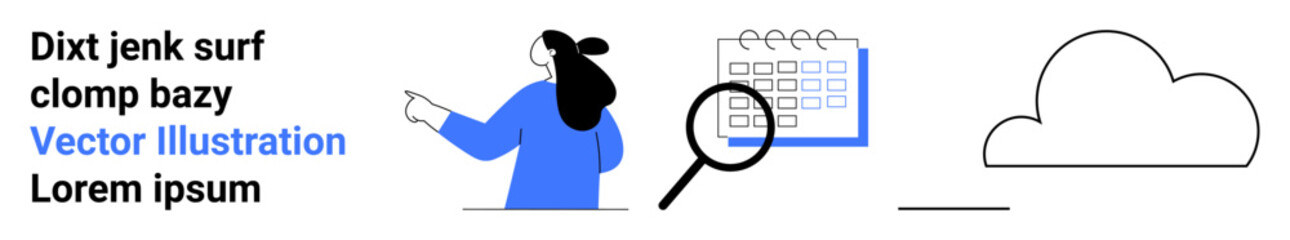 Businesswoman pointing right, calendar with magnifying glass, cloud. Ideal for business planning, data analysis, time management, organization tools, project management, digital solutions, online