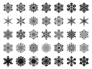 Snowflakes black line art vector icon set. Snowflake isolated silhouette collection. Winter and Christmas holiday symbol.