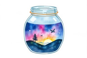 Celestial Oasis A watercolor jar containing a serene stylized un