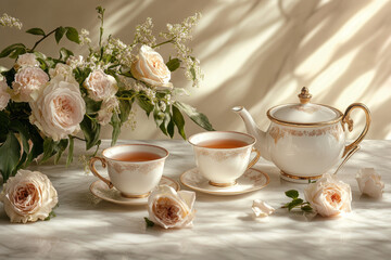 Elegant tea set with roses, featuring teapot and cups on marble table. Soft lighting enhances luxurious setting