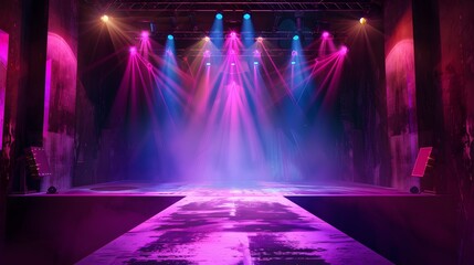 Empty stage with pink and blue spotlights illuminated from the top with a runway in the center.