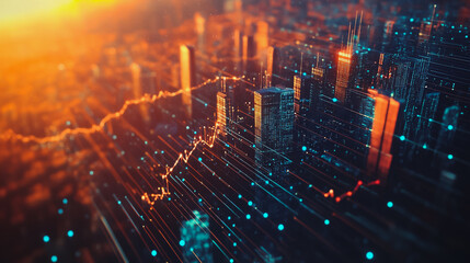 Fototapeta premium Smart digital city with connection Innovation network reciprocity over the sunset cityscape Concept of future wireless digital city and social media networking systems that connects business people