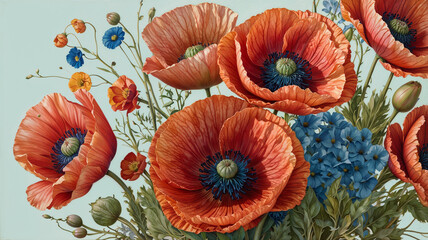 Vibrant Floral Tapestry with Poppies and Wildflowers on a Teal Background