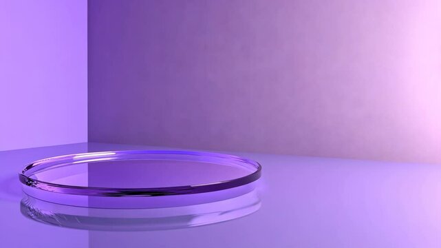 Reflective glass plate on a glossy surface illuminated by soft purple light creating a serene atmosphere