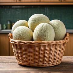 Honeydew Melon in a Basket, Natural Honeydew Display on a Rustic Wooden Countertop