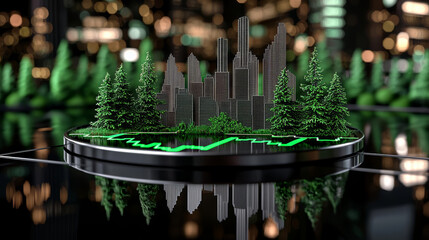 investing stock market futuristic cityscape with green trees and stock market charts, symbolizing growth and investment opportunities.
