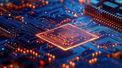 Fototapeta premium A vibrant close-up of a microchip on a circuit board, showcasing intricate details and glowing connections, emphasizing technology and innovation.