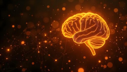 The connection and activity of the human brain, the luminous neural network of bright nodes and interconnected lines in a dark background
