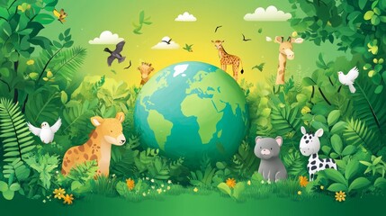 Obraz premium Diverse animals surround a green Earth globe in a lush jungle setting.