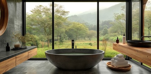 Modern bathroom with a freestanding stone bathtub and a view of a lush green forest and mountains.