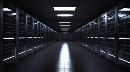 Fototapeta premium A sleek corridor lined with server racks, illuminated by overhead lights, showcasing the advanced technology within modern data centers.