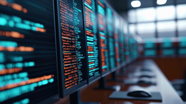 A close-up view of multiple computer monitors displaying colorful lines of code, set in a modern workspace with a tech-focused aesthetic.