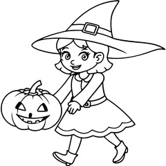 girl in witch costume carrying a halloween pumpkin