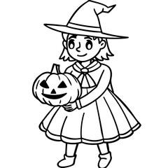 girl in witch costume carrying a halloween pumpkin