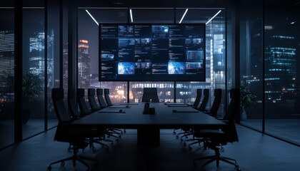 A modern conference room features a large digital screen displaying data analytics amid a city skyline backdrop, showcasing a blend of technology and corporate efficiency.