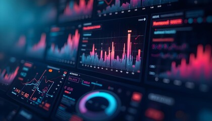 Obraz premium Abstract statistical big data, charts and analysis graphs, bright neon lights