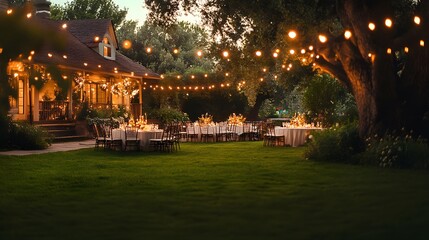 Obraz premium Enchanting outdoor evening event with elegant tables and string lights.