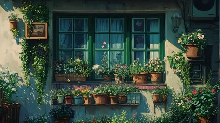Lush green window display adorned with colorful flowers and climbing vines.
