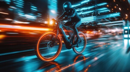 Futuristic cyclist speeding through a vibrant city at night on an electric bike.