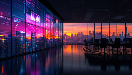 A modern office space showcases vibrant city skyline views and digital data flows at sunset, blending technology with breathtaking urban scenery for an inspiring work environment.