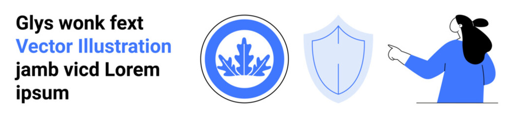 Woman pointing at shield and leaf badge symbols accompanied by text. Ideal for tutorials, guides, cybersecurity, education, presentations, websites, blogs, informative visuals. Banner for landing