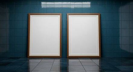 On a blue tiled wall with a stone floor , there are two vertical empty poster frames