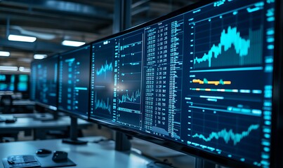 A display of financial data and analytics on multiple screens in a modern workspace.