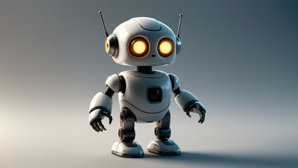 A small white robot with glowing eyes