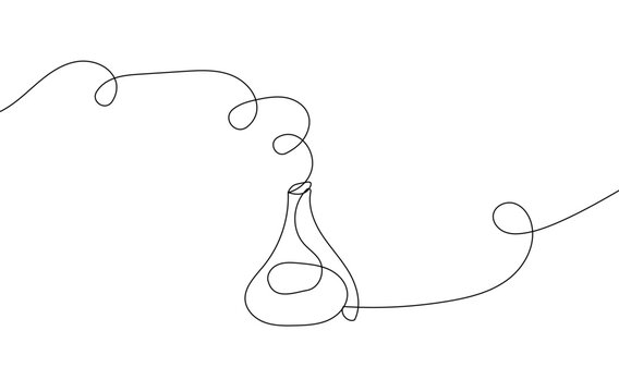 Chemistry retorts equipment with wavy smoke. Education concept. Continuous one line drawing.